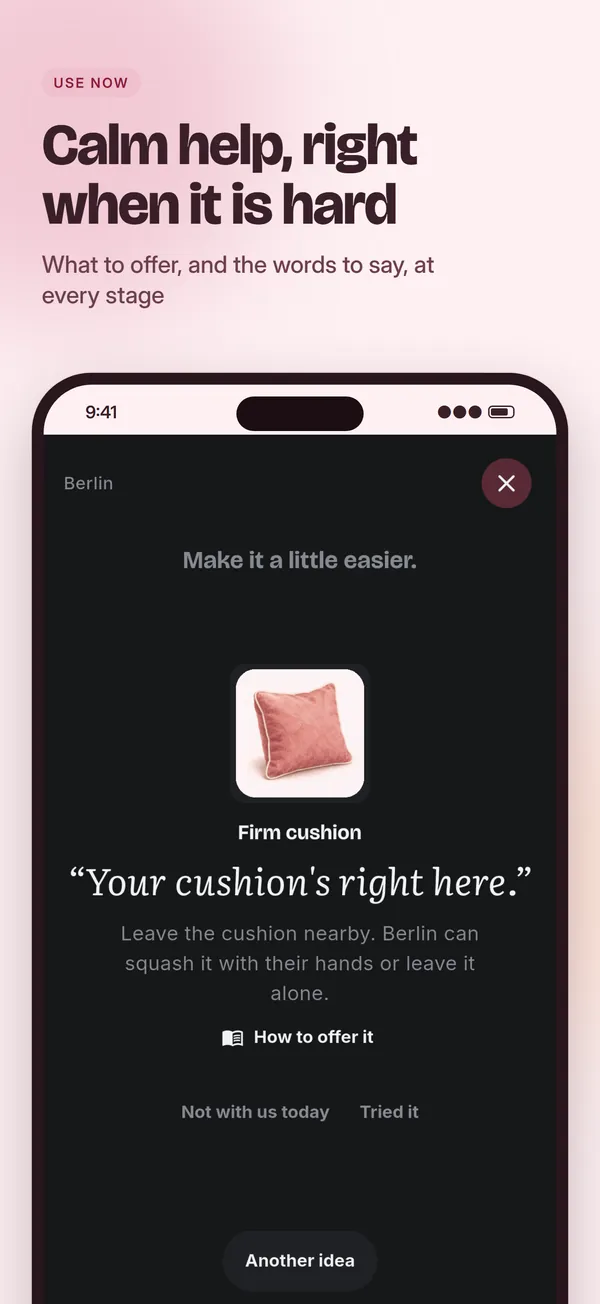 Calm Kit Use now screen: one idea to offer, with the words to say
