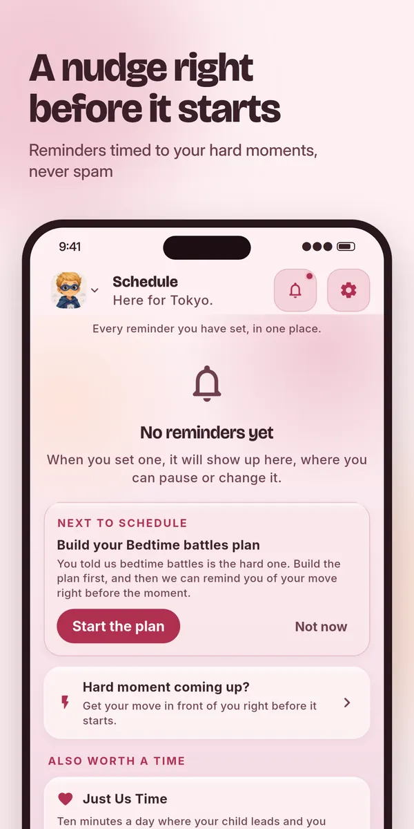 Schedule tab: a nudge right before the hard moment starts