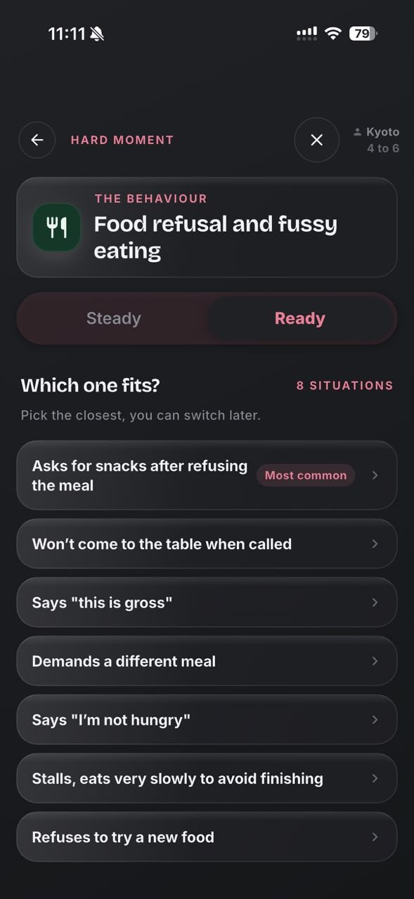 Hard Moment for food refusal in dark mode, on the Ready tab, asking which one fits with eight situations