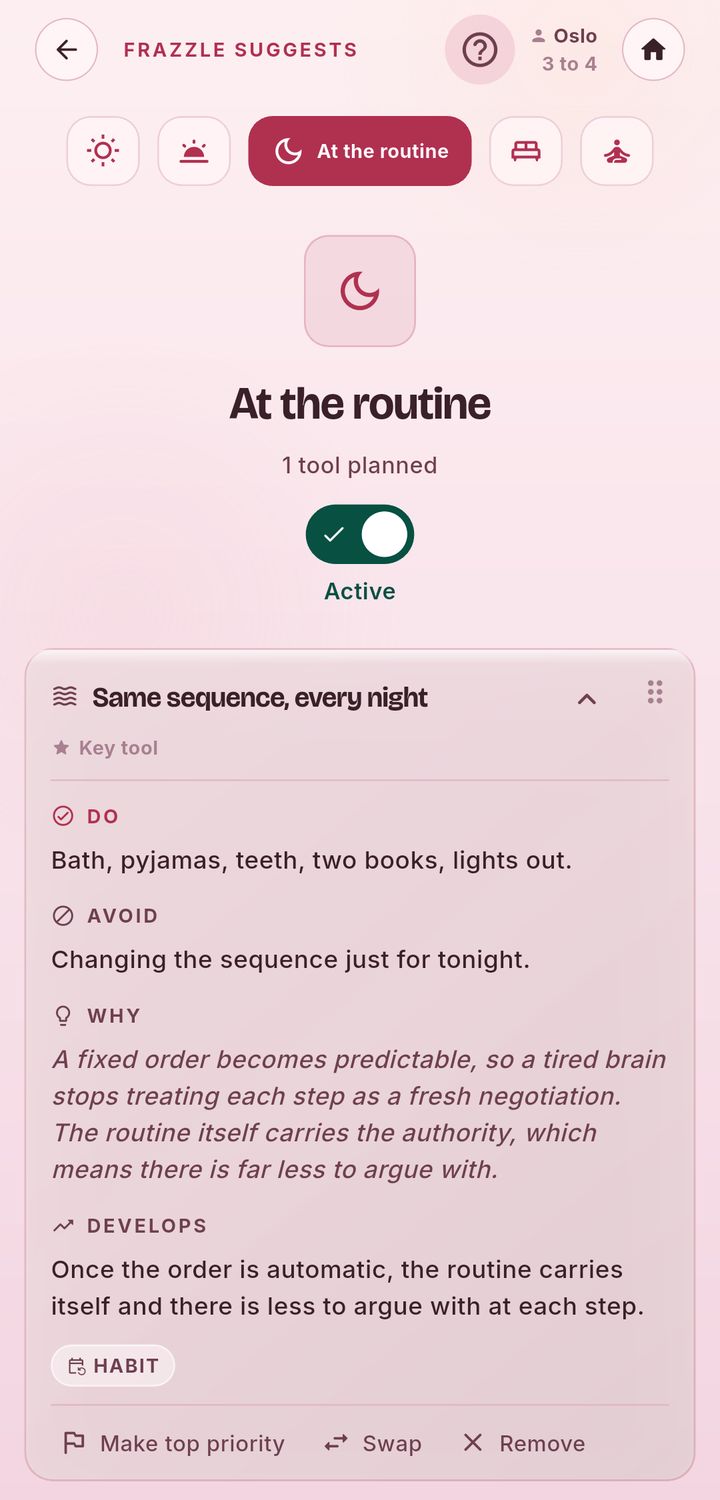 A bedtime routine tool in Frazzle, same sequence every night, tagged as a habit, with do, avoid, why and develops notes