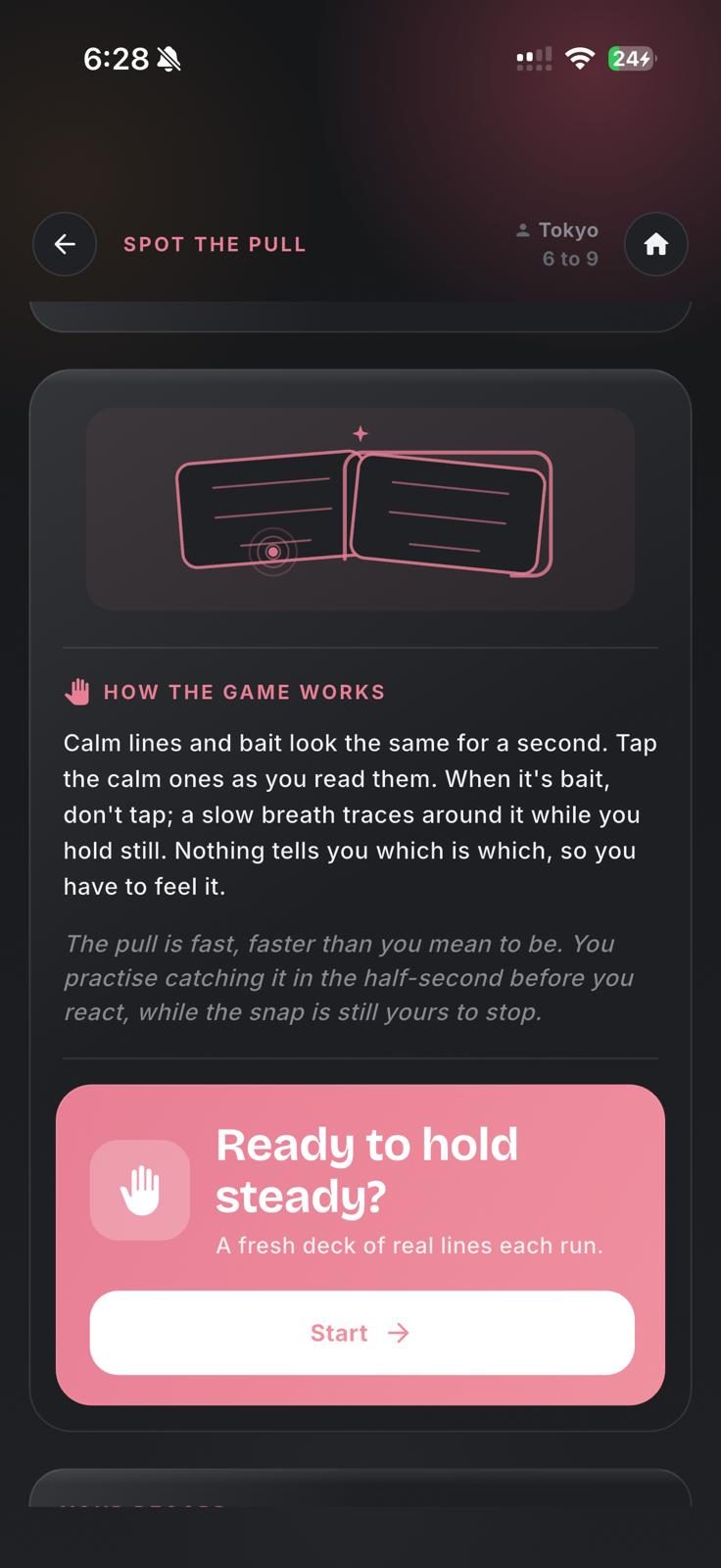 Spot the Pull game explainer in dark mode: tap the calm lines, hold still on the bait, practise catching it in the half-second before you react